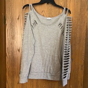VENUS Light Gray Distressed Cold-Shoulder Sweatshirt